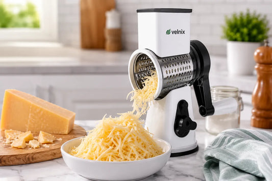Velnix 3-in-1 Rotary Grater shredding fresh cheddar cheese in a modern kitchen