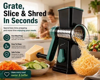 Cut Prep Time in Half™ – 3-in-1 Rotary Grater