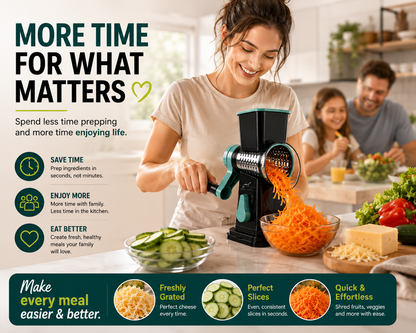 Cut Prep Time in Half™ – 3-in-1 Rotary Grater