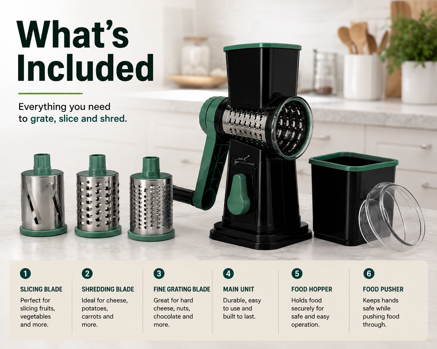 Cut Prep Time in Half™ – 3-in-1 Rotary Grater