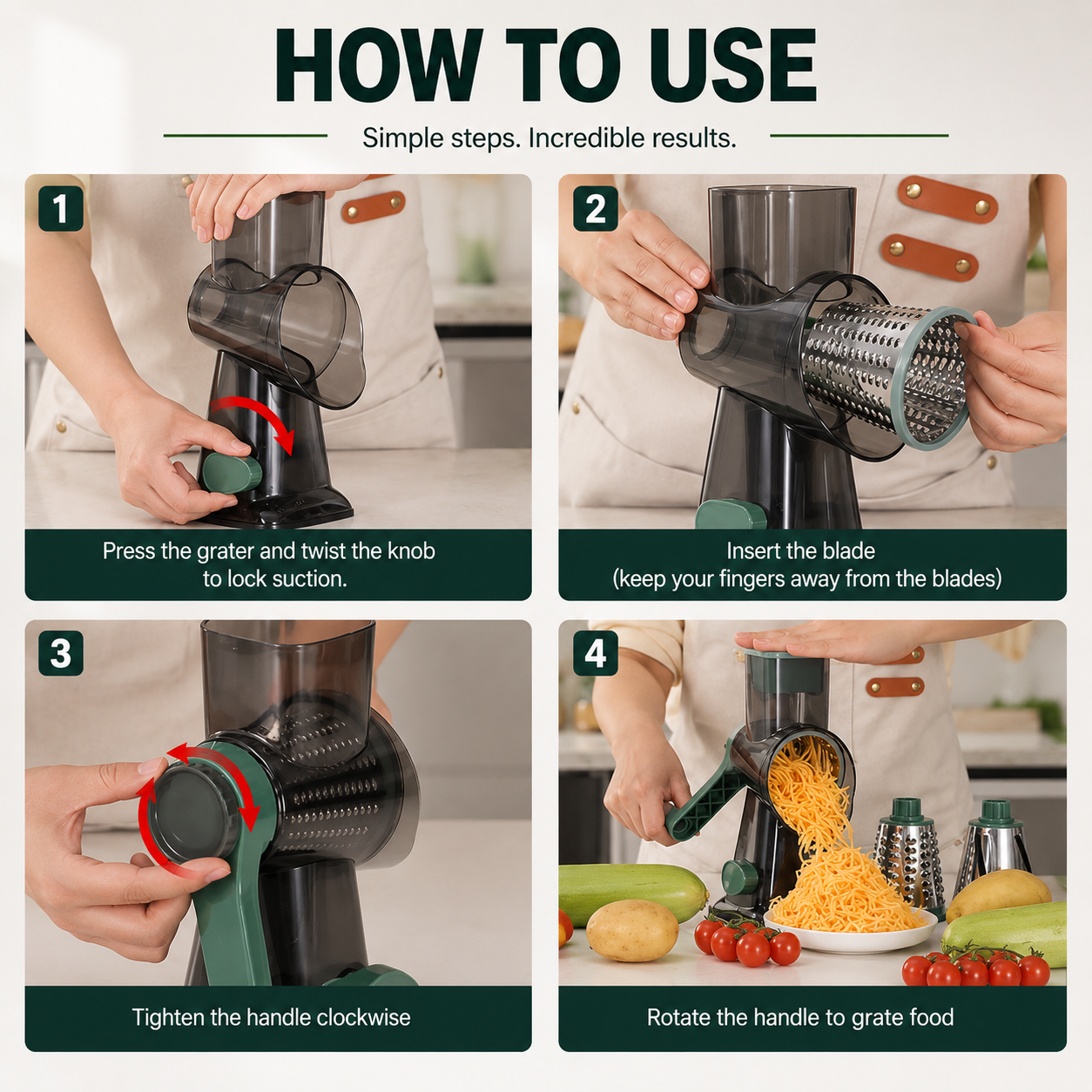 Cut Prep Time in Half™ – 3-in-1 Rotary Grater