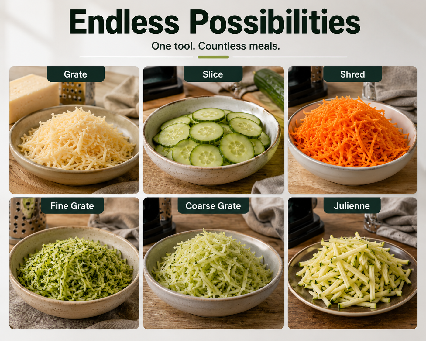 Cut Prep Time in Half™ – 3-in-1 Rotary Grater